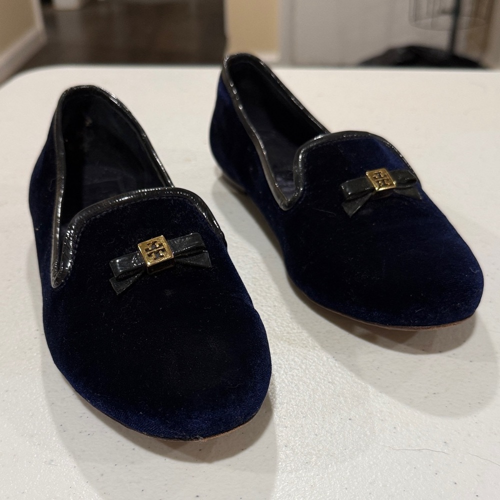 Tory Burch Midnight Navy Luxurious Velvet Slip On Loafer w Bow and Gold Hardware